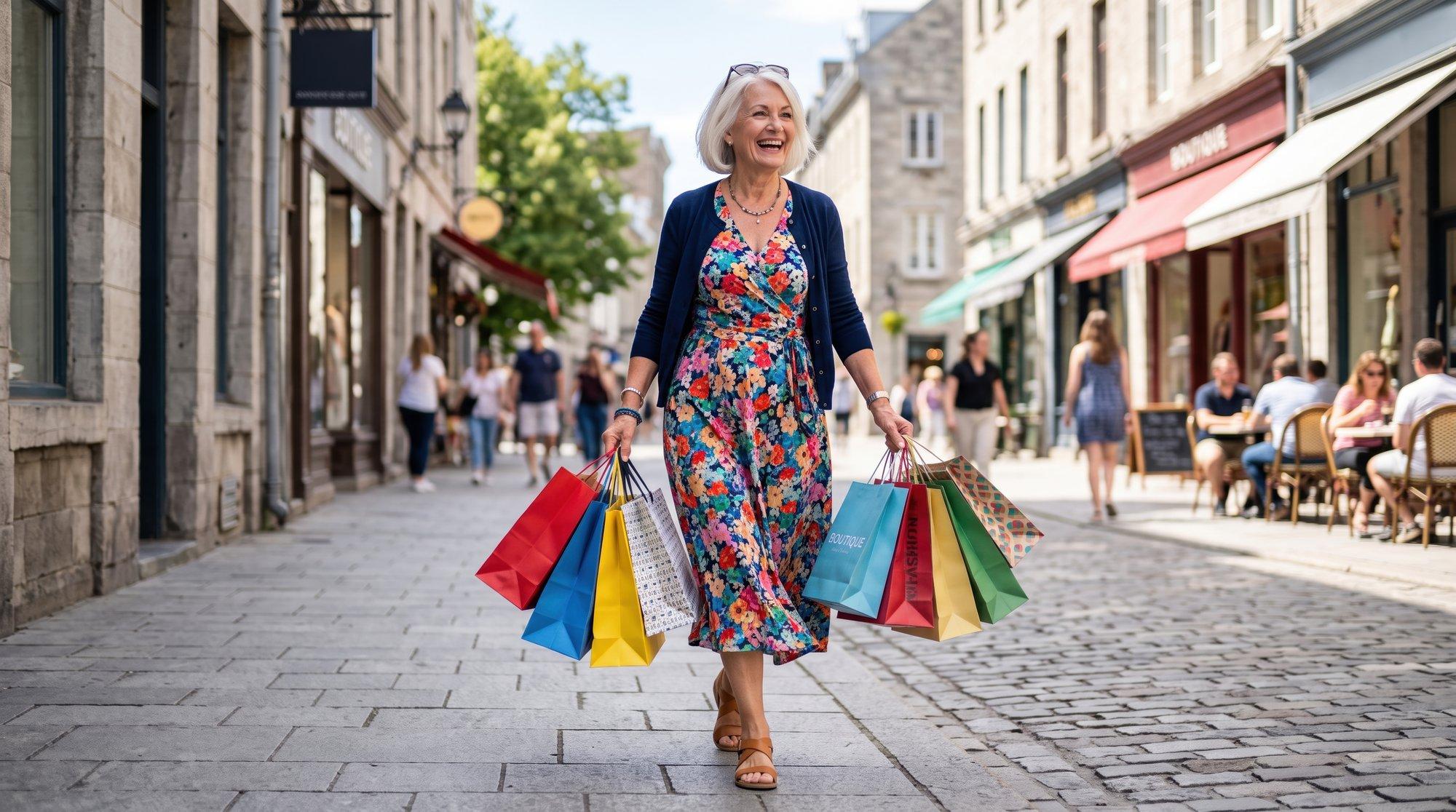 Shopper carrying colorful bags of brand-name steals